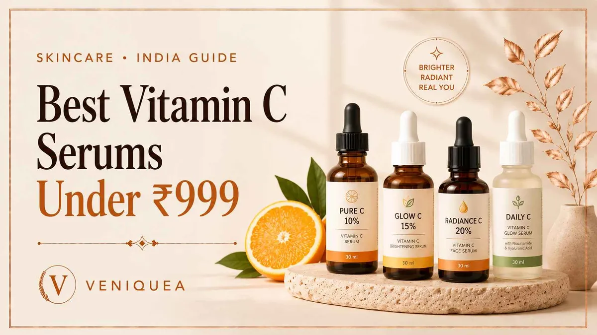 Row of vitamin C serum dropper bottles on an ivory surface with soft botanical shadows
