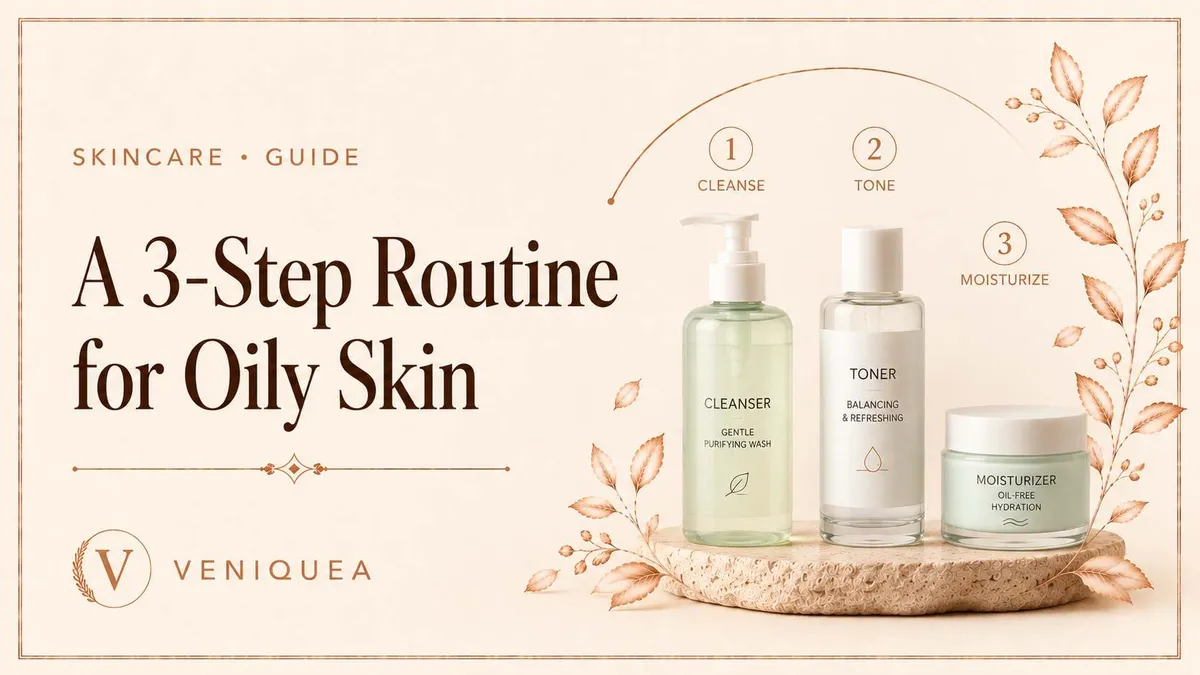 Three minimal skincare bottles arranged on an ivory surface with soft light