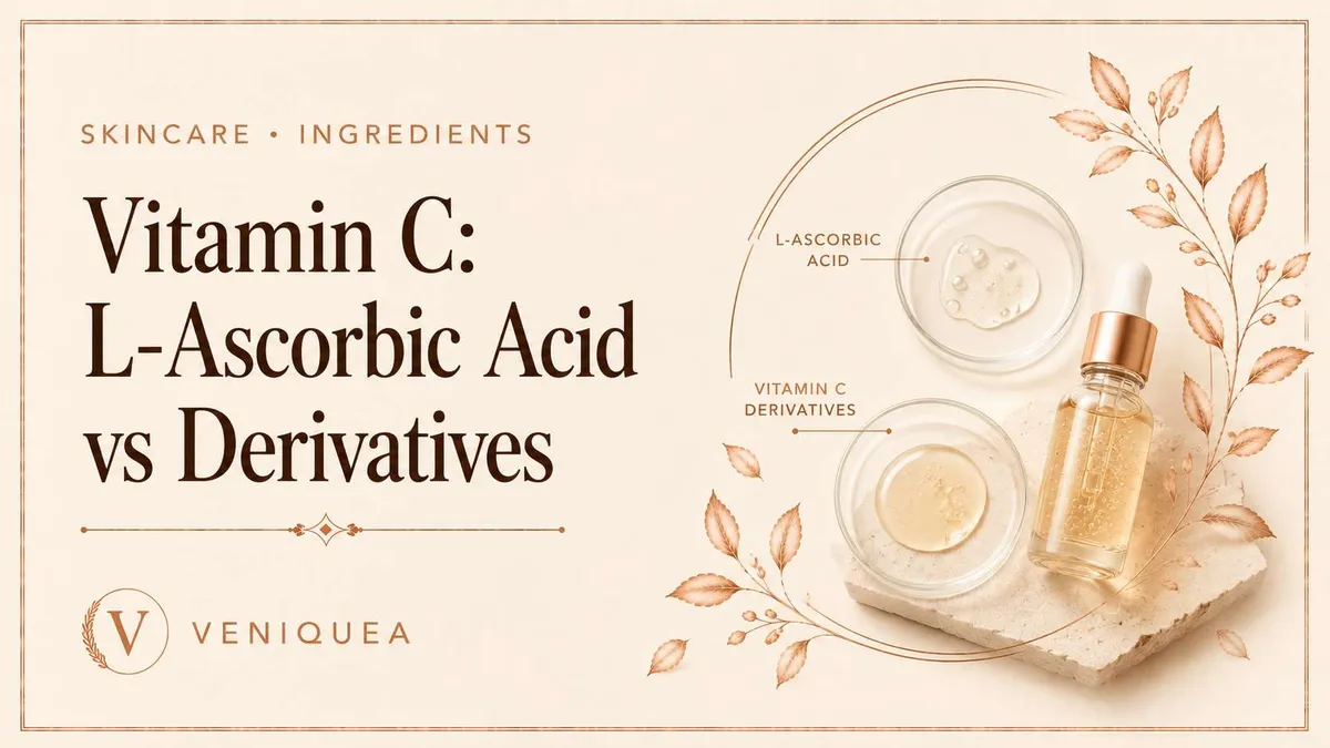 A vitamin C serum bottle and citrus slice on an ivory surface