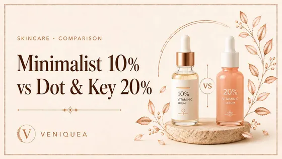 Two vitamin C serum bottles side by side on an ivory surface